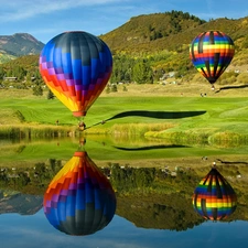 water, reflection, color, Balloons, Mountains