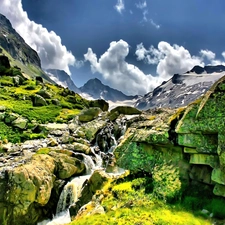 waterfall, Mountains, clouds