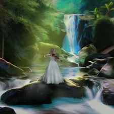 waterfall, forest, Women, Stones, fantasy