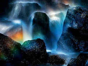 rocks, waterfall, Great Rainbows, Stones