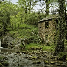 waterfall, House, Stones, River, forest