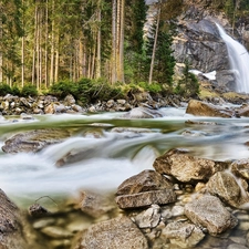 waterfall, forest, rocks