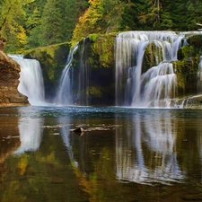 waterfall, forest, rocks