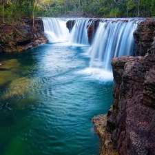 rocks, viewes, waterfall, trees