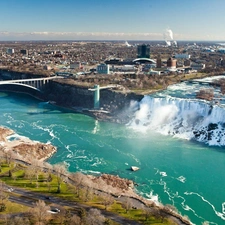 waterfall, panorama, town