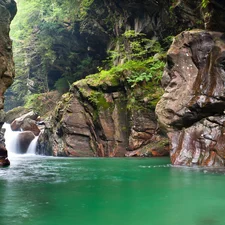 turquoise, rocks, waterfall, lake