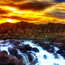 west, rocks, waterfall, sun