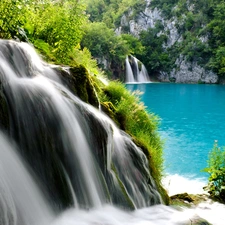 waterfalls, forest, lake