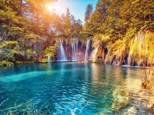 trees, viewes, Plitvice Lakes National Park, waterfalls, Sunrise, lake, Coartia, VEGETATION