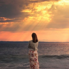 sea, Women, Waves, clouds, flash, luminosity, ligh, sun, Przebijające