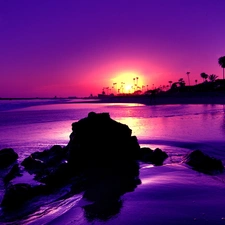 rays, west, Waves, rocks, sea, sun