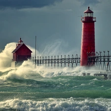 sea, Storm, Waves, Lighthouse