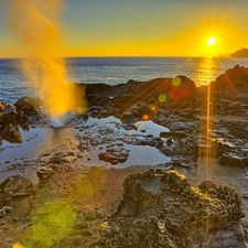 rays, east, Waves, Stones, sea, sun