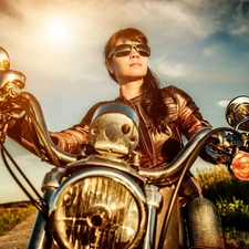 Way, field, motor-bike, Retro, girl