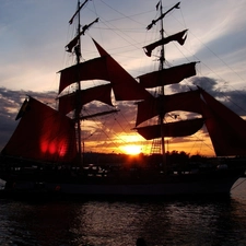 sun, sailing vessel, west