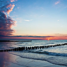 Waves, Coast, west, sun, clouds, Pale