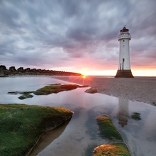 maritime, sea, west, sun, clouds, Lighthouse