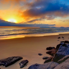 west, sun, Beaches, rocks, Coast