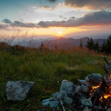 west, sun, Mountains, woods, fire