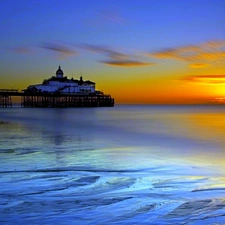 pier, sea, west, sun, house, Beaches