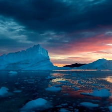 west, sun, ice, sea, Mountains