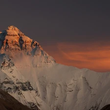 sun, winter, Rocks, west, A snow-covered