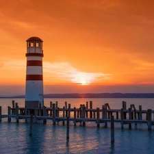 Platform, Lighthouse, west, sun, sea, maritime