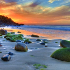 west, sun, Beaches, Stones, sea