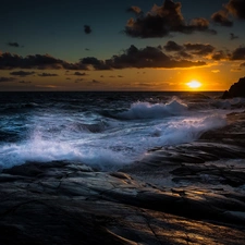 west, sun, rocks, Waves, sea