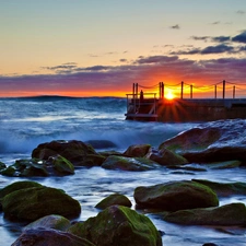 coast, sea, west, sun, Stones, pier