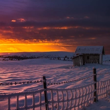 clouds, cote, sun, fence, field, west, winter