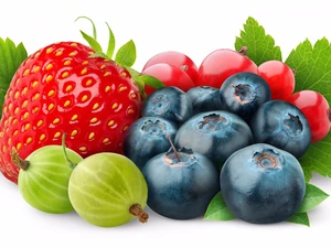 blueberries, Fruits, gooseberry, White Background, Strawberry, Redcurrant