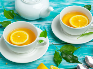 White, Two, cups, tea, Blue, boarding, teapot, Leaf, Lemon