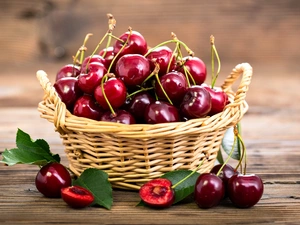 cherries, basket, leaves, wicker