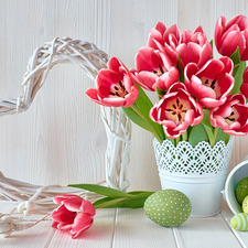 Vase, Bucket, Easter, eggs, Heart, White, Tulips, wicker
