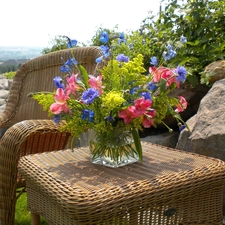 wild, flowers, furniture, bouquet, wicker