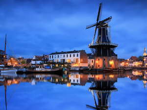 Haarlem, Netherlands, Spaarne River, Houses, De Adriaan Windmill