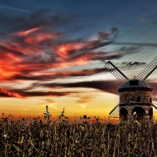 west, field, Windmill, sun