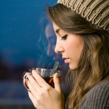 Window, winter, hot, tea, girl