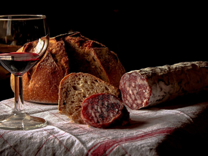 glass, Wine, bread, sausage, composition