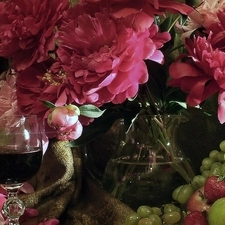 Wine, Peonies, Fruits