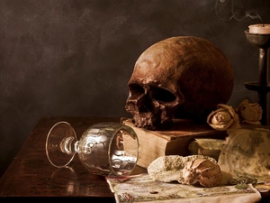 composition, wine glass, candle, skull