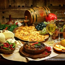 Wine, Laid, pizza, barrel, Cheese, feast, Table, Grapes, glasses, Chilies