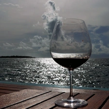 wine glass, Wines, sea, pier, cloudy