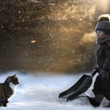 boy, Park, winter, cat