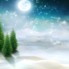 Christmas, moon, winter, snow