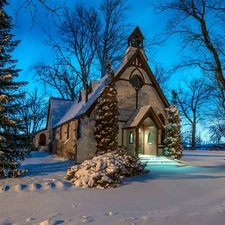 church, viewes, winter, trees