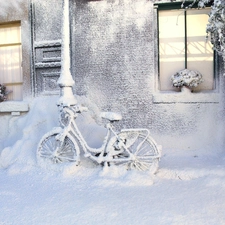 house, snow, winter, Bike