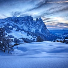 Houses, Mountains, winter, woods