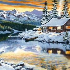 lake, Mountains, winter, house